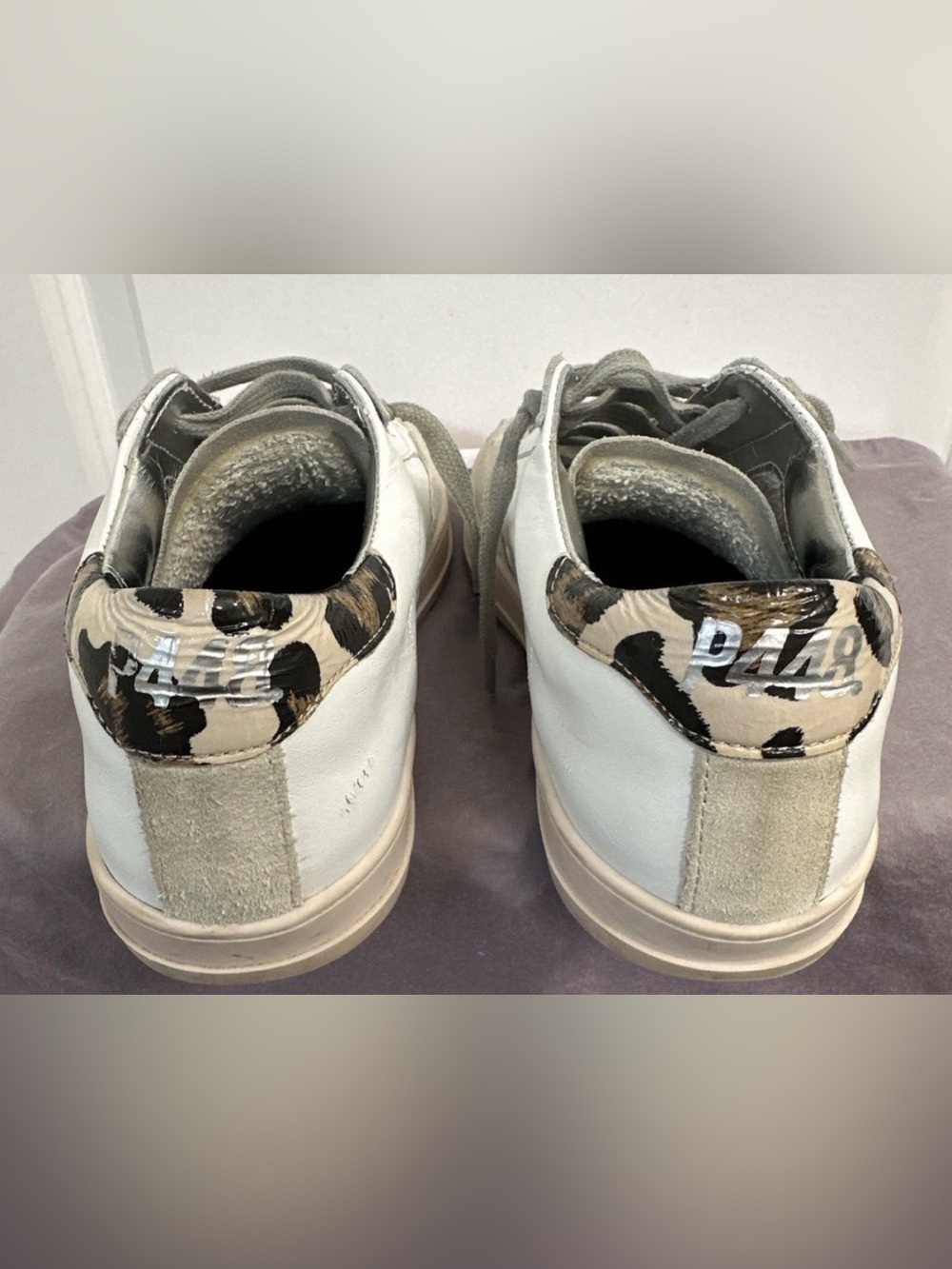 P448 Women Size EU39/ US 8.5-9 John Sneakers White Leopard Print Silver Foil - Picture 3 of 5